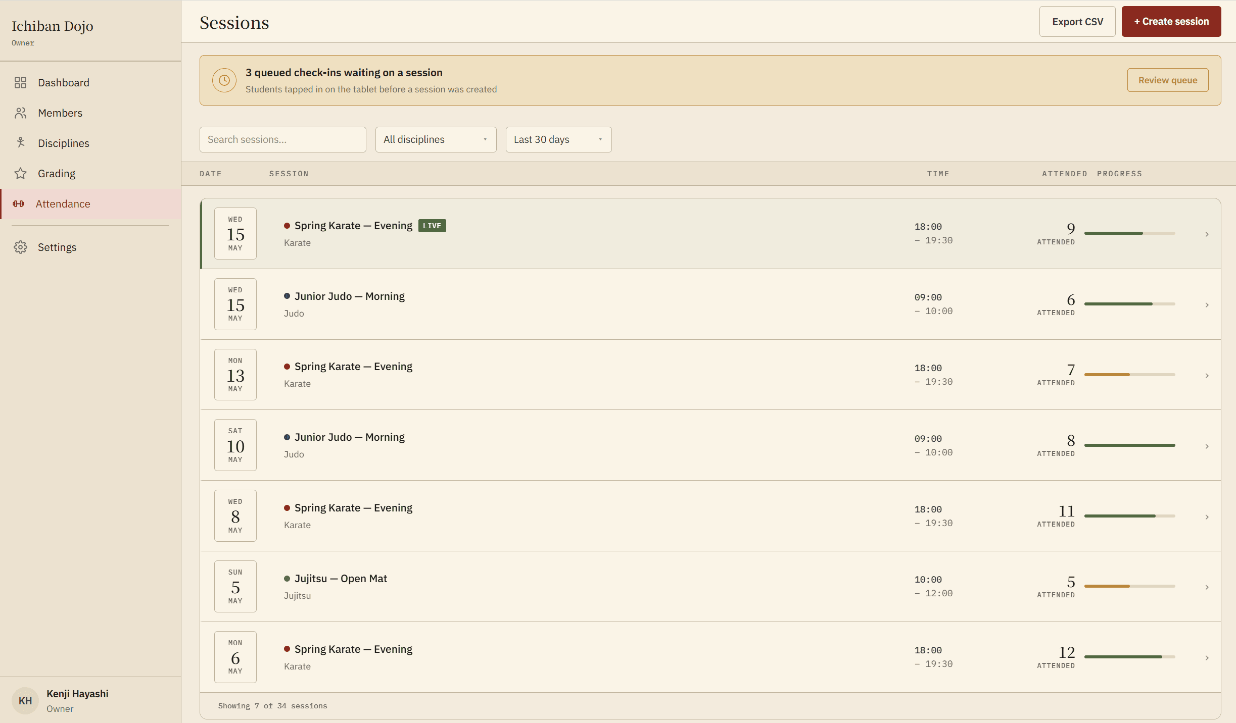 Session log showing live and recent attendance sessions across Karate, Judo and Jujitsu with progress bars