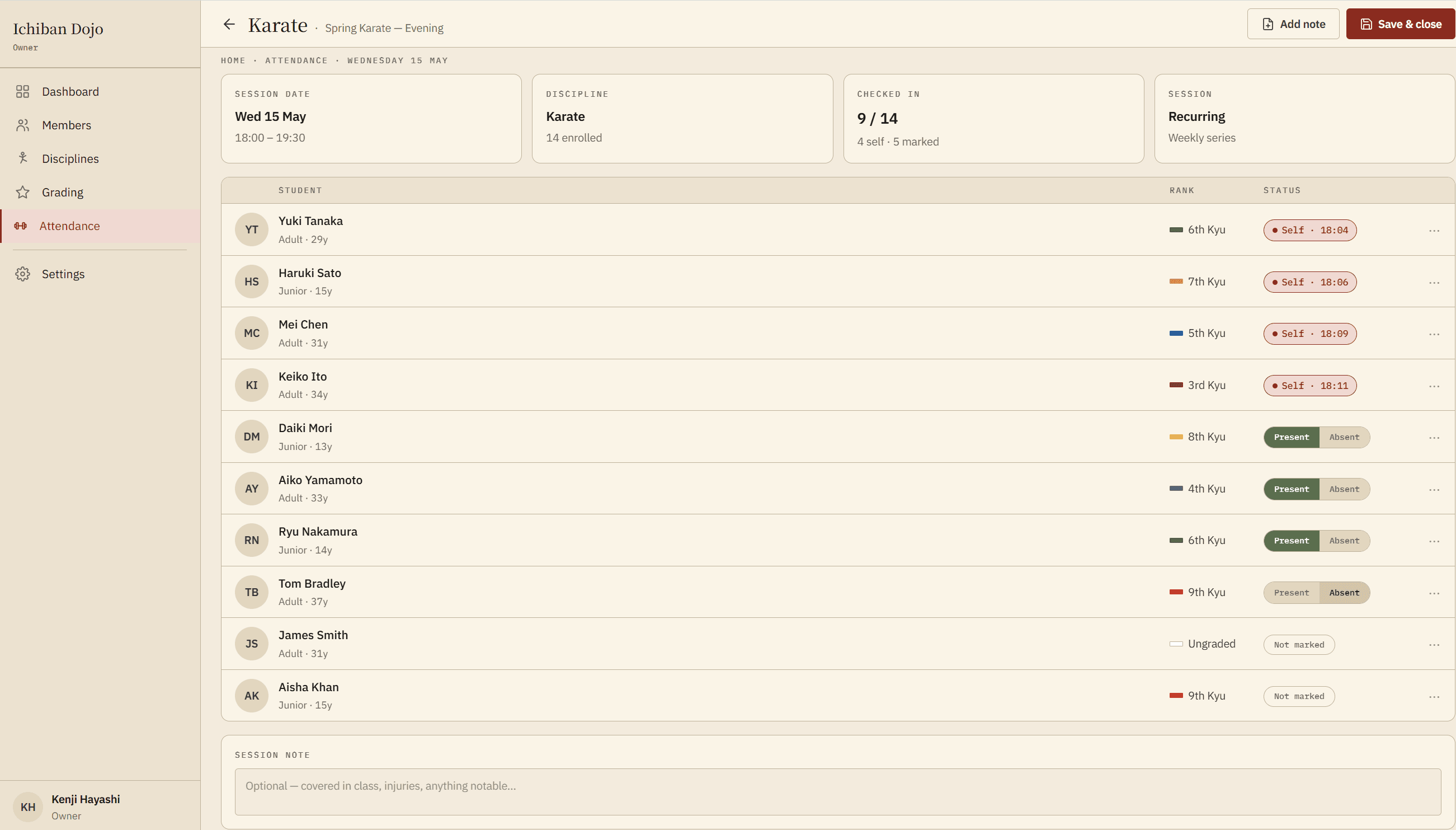 Session register showing student check-in status — self check-ins from the tablet alongside coach-marked present and absent records