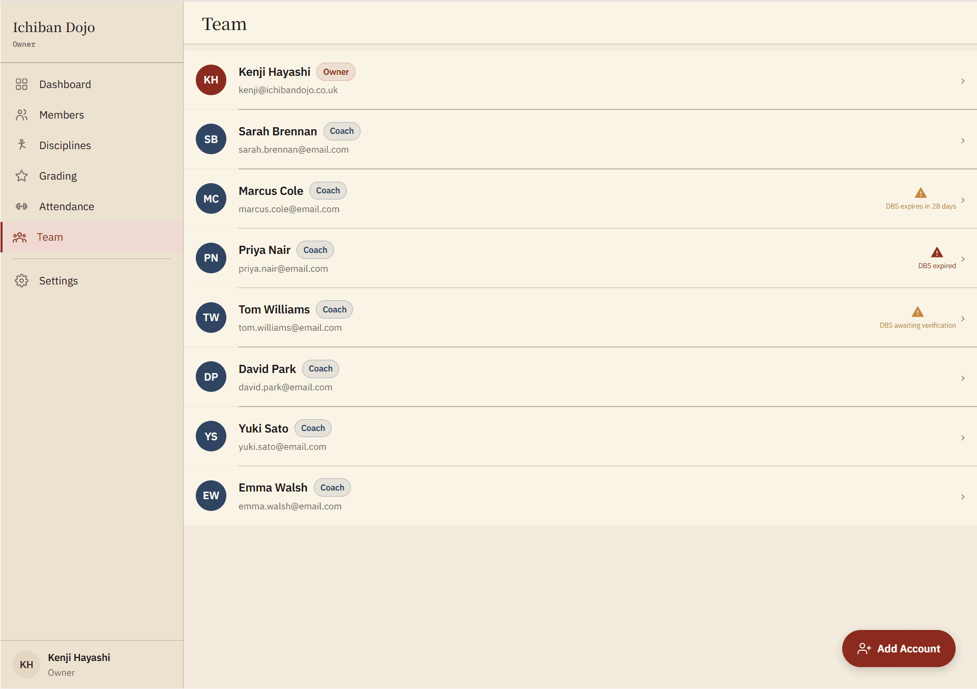 Team list showing coach profiles with DBS warning indicators — expiring, expired, and awaiting verification