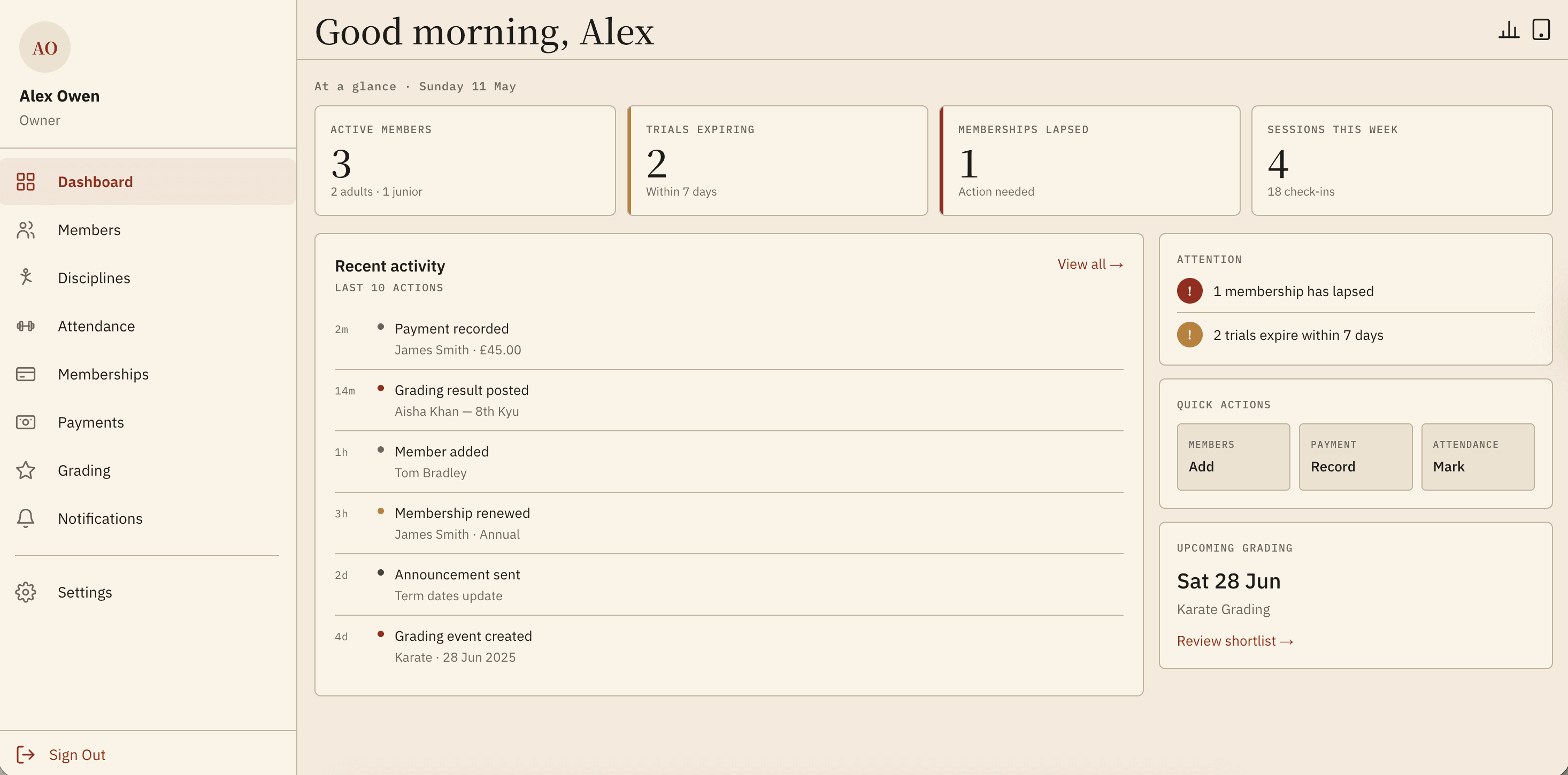 Owner dashboard with stat cards and recent activity