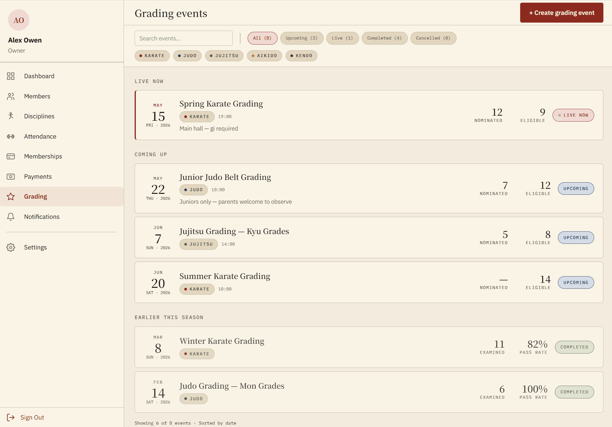 Grading events list showing upcoming and completed events across Karate, Judo and Jujitsu