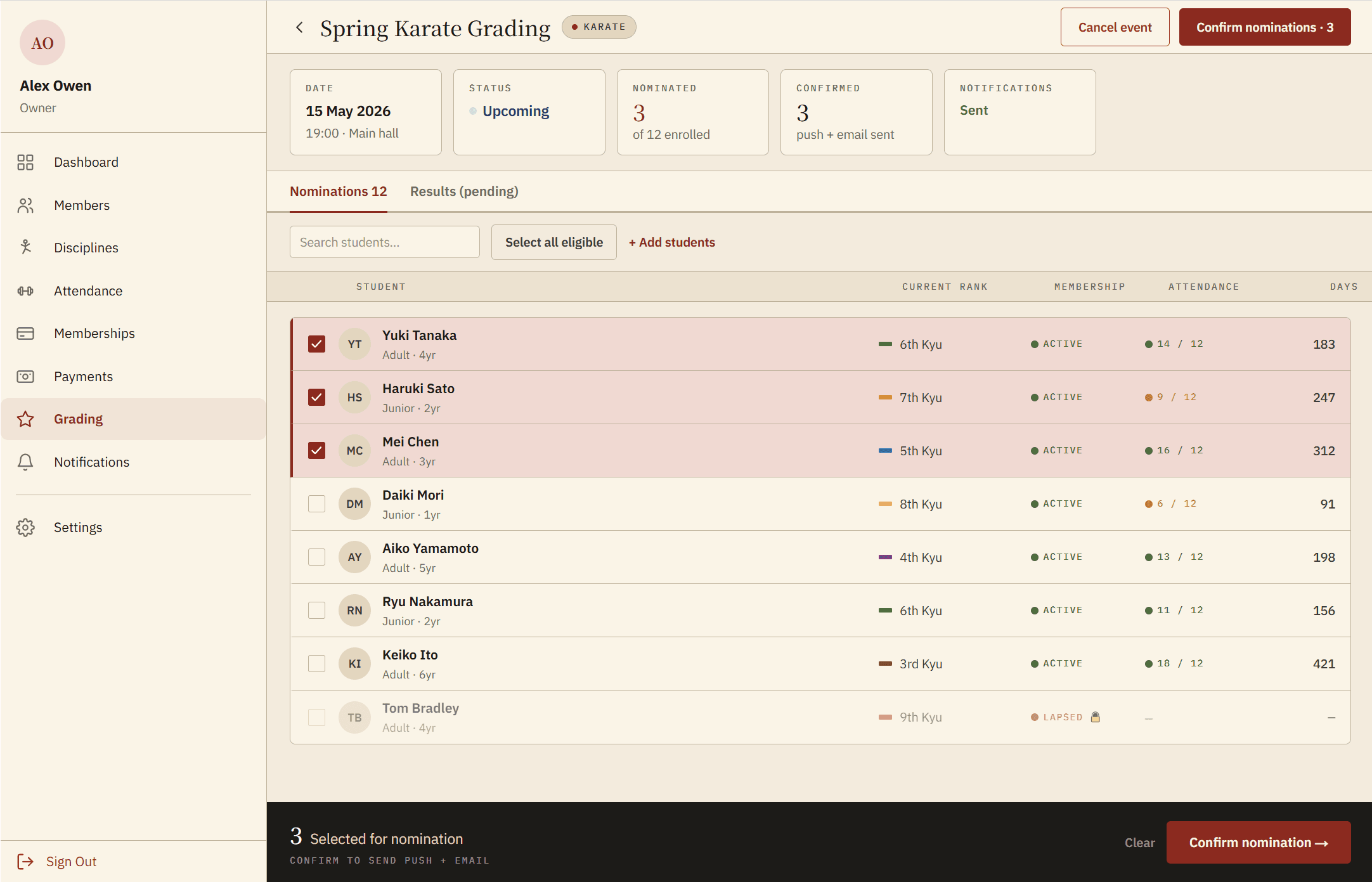 Student nomination screen showing eligibility indicators and selected students for a Karate grading event