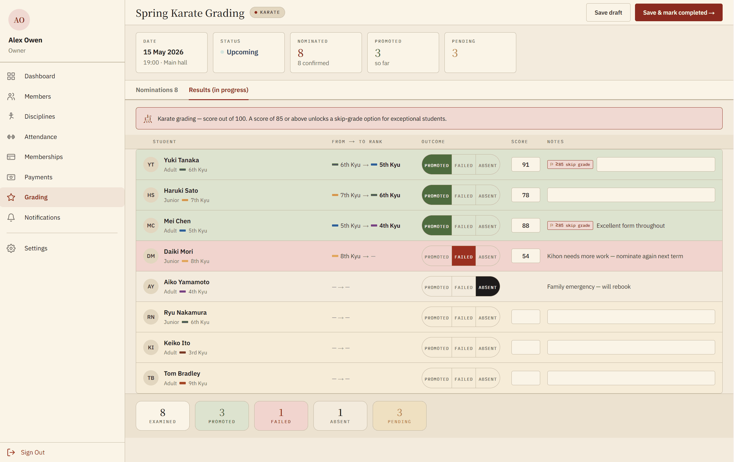Results recording screen showing promoted, failed and absent outcomes with scores and examiner notes