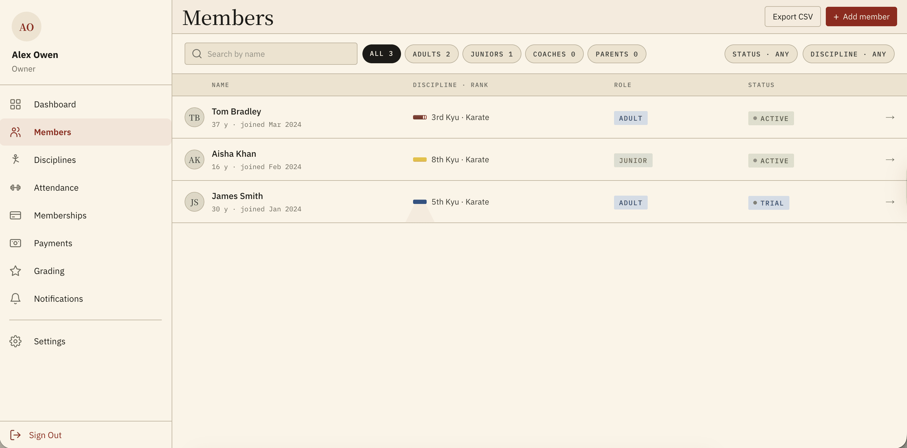 Members list with belt ranks and membership badges