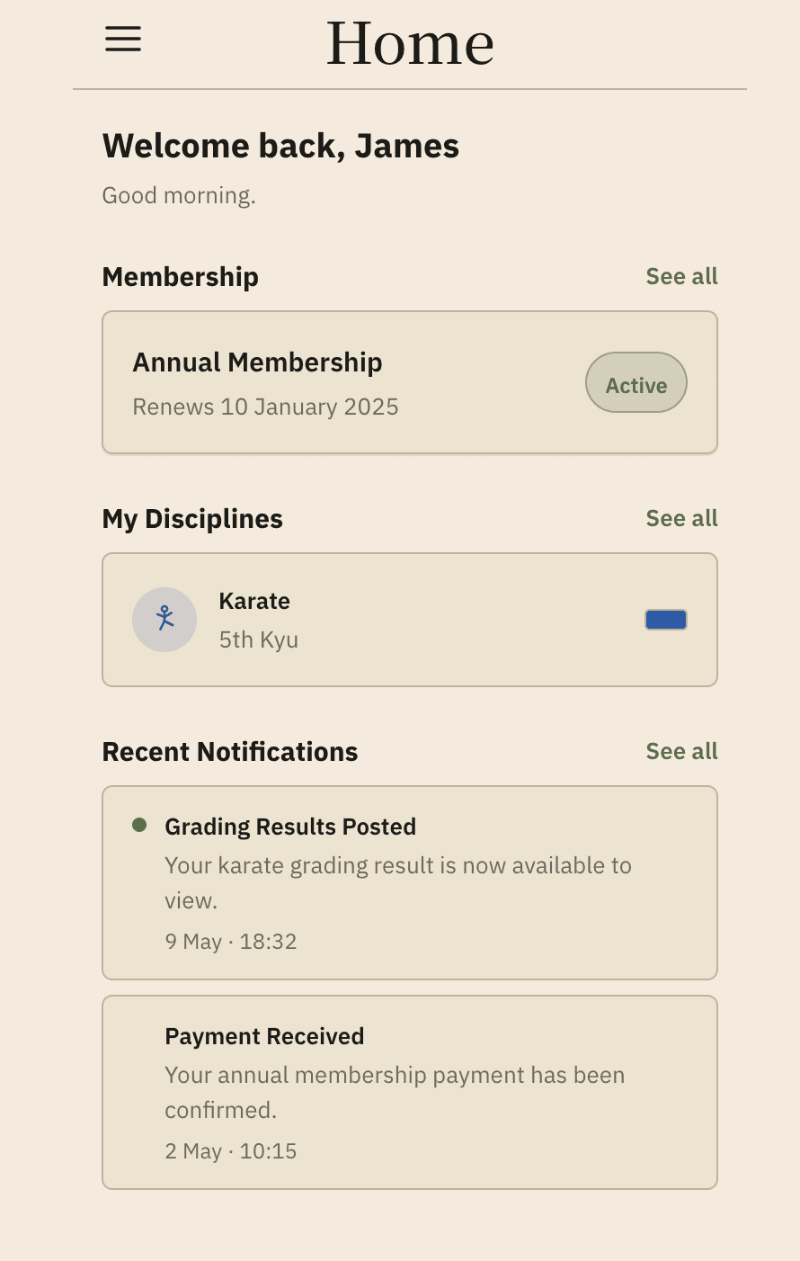 Student portal home screen showing membership status, karate rank, and notifications